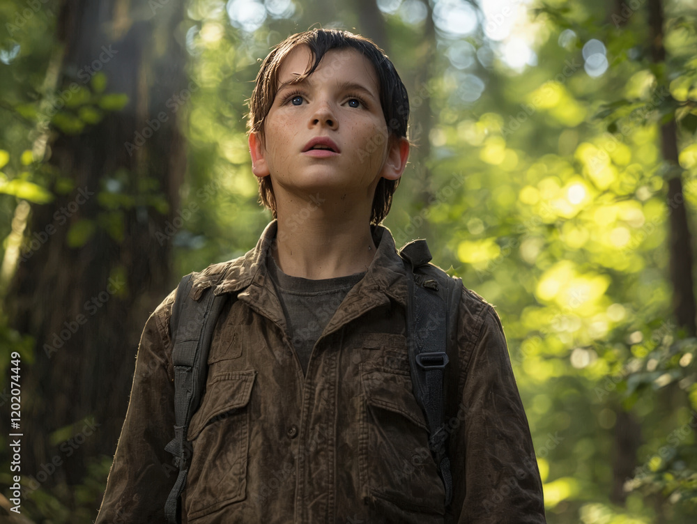 A young boy with a backpack looks up in a sunlit forest. A young boy with a backpack looks up in a sunlit forest.