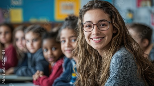 A smiling young female teacher poses with her diverse elementary school class.