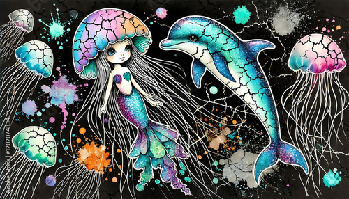 A cute little mermaid and a frisky dolphin amidst fanciful shining jellyfish in an underwater fairy tale world. Illustration for children. photo