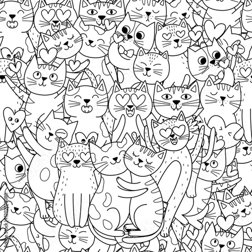 Cute cats in love black and white seamless pattern. Valentine's Day and Love feline characters for coloring book. Outline background. Vector illustration