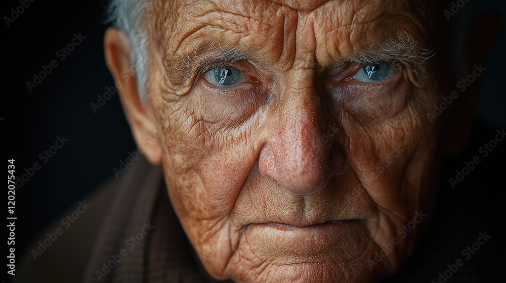 Close-up Portrait of Elderly Man with Deep Wrinkles and Piercing Blue Eyes Close-up Portrait of Elderly Man with Deep Wrinkles and Piercing Blue Eyes