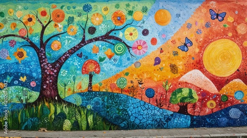 A vibrant and colorful mural depicting a whimsical landscape with trees, flowers, butterflies, and suns. photo