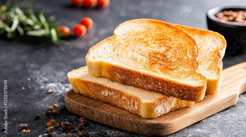 Quaintly arranged toasted slices of bread on a wooden serving board display a beautiful golden-brown crust inviting friends and family for a memorable snack or breakfast. photo