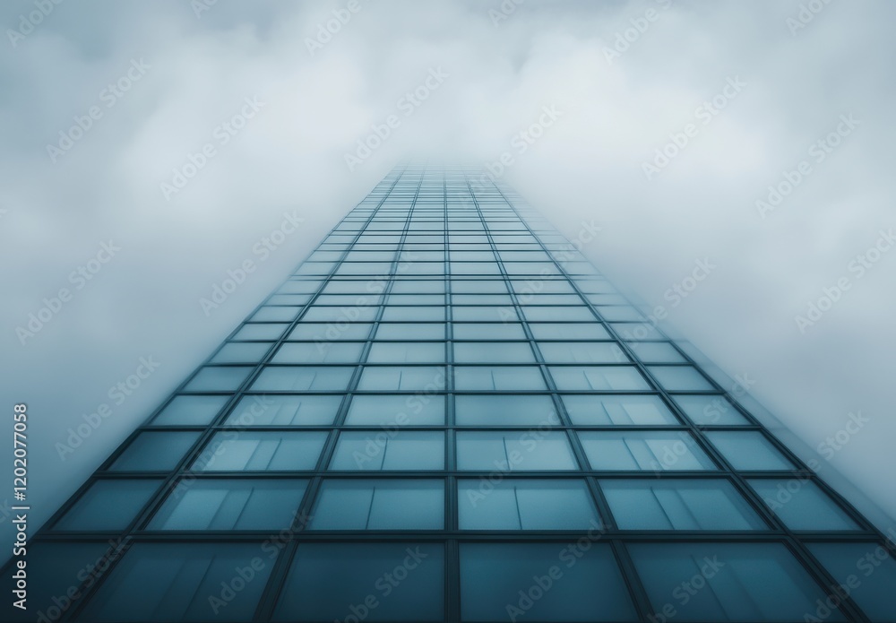 Stunning Vertical View of a Skyscraper Penetrating a Dense Layer of Clouds with a Mysterious Atmosphere, Reflecting a Modern Urban Landscape in the Fog Stunning Vertical View of a Skyscraper Penetrating a Dense Layer of Clouds with a Mysterious Atmosphere, Reflecting a Modern Urban Landscape in the Fog
