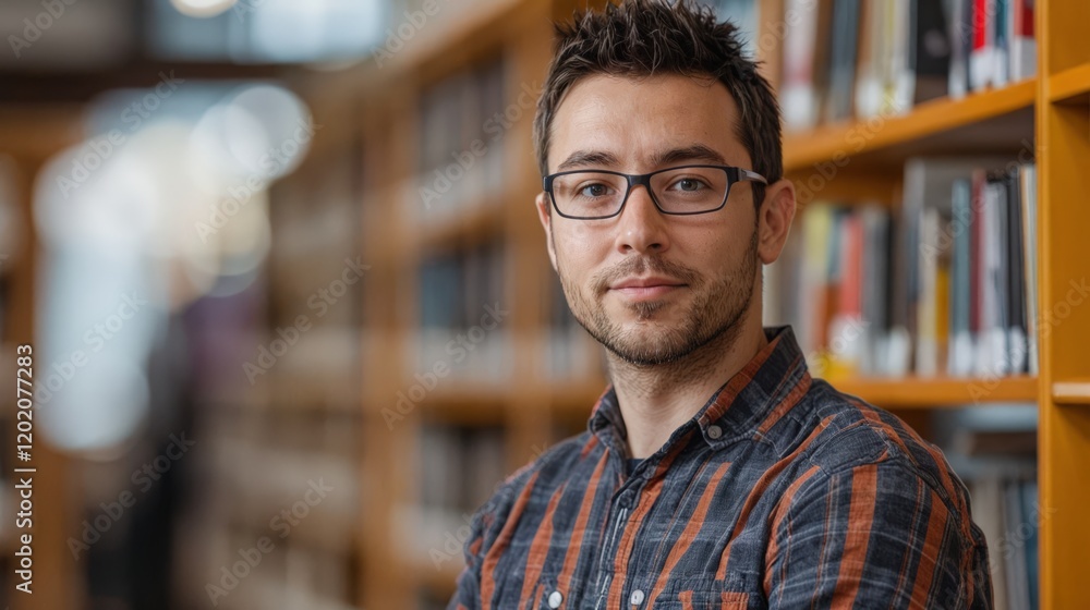 Portrait of a young man wearing glasses in a library. Portrait of a young man wearing glasses in a library.