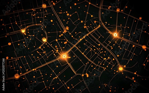 Aerial view of a city's illuminated road network at night, showcasing intricate pathways and glowing intersections, representing urban development and connectivity in modern societ photo