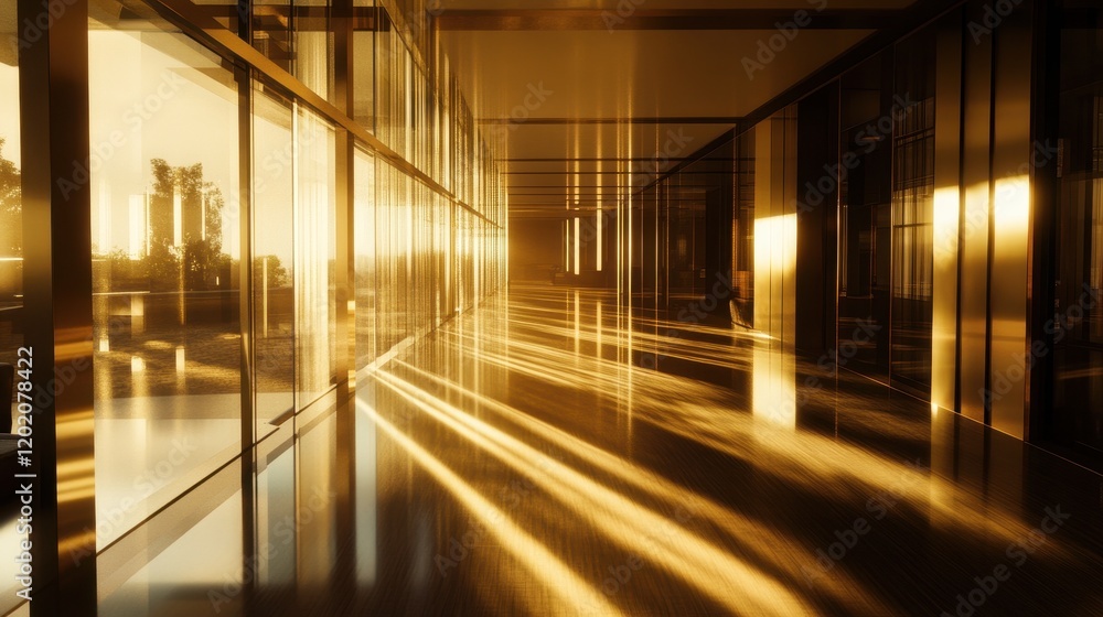 Golden Sunlight Illuminates Modern Hallway Interior Golden Sunlight Illuminates Modern Hallway Interior
