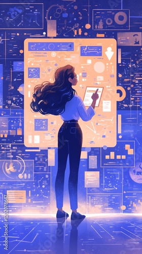 Woman reviewing data on a large screen.