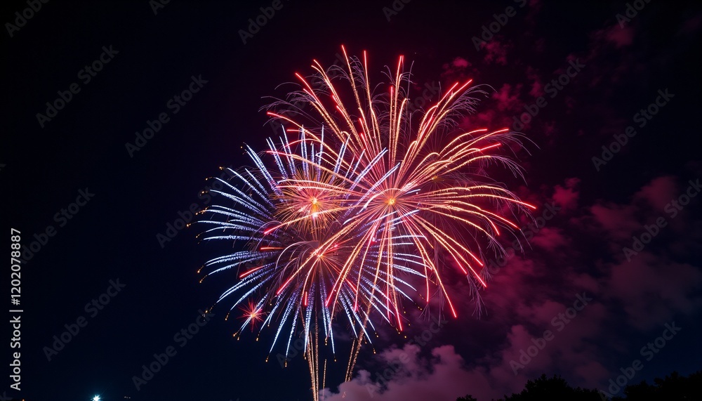 Red and blue fireworks bursting in night sky Red and blue fireworks bursting in night sky