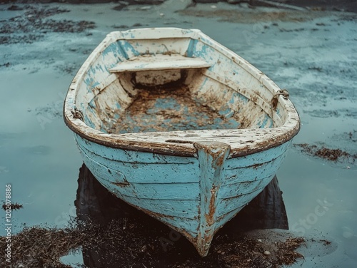 A weathered blue wooden rowboat sits in shallow, calm water. The boat shows signs of age and decay. photo