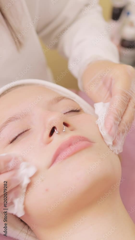 Beautician using cotton pads to clean face of teenager girl lying on table in beauty salon.Beauty clinic concept Beautician using cotton pads to clean face of teenager girl lying on table in beauty salon.Beauty clinic concept