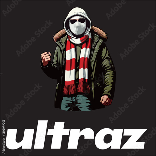 illustration vector graphic of Football fans ultras hooligan wear balaclava use football scarf design for logo, t-shirt, etc