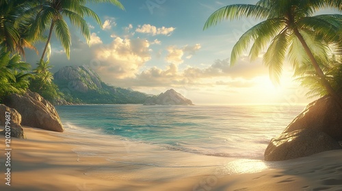 Fototapeta Naklejka Na Ścianę i Meble -  Tropical beach sunset with palms, ocean, islands, scenic background, ideal travel ad