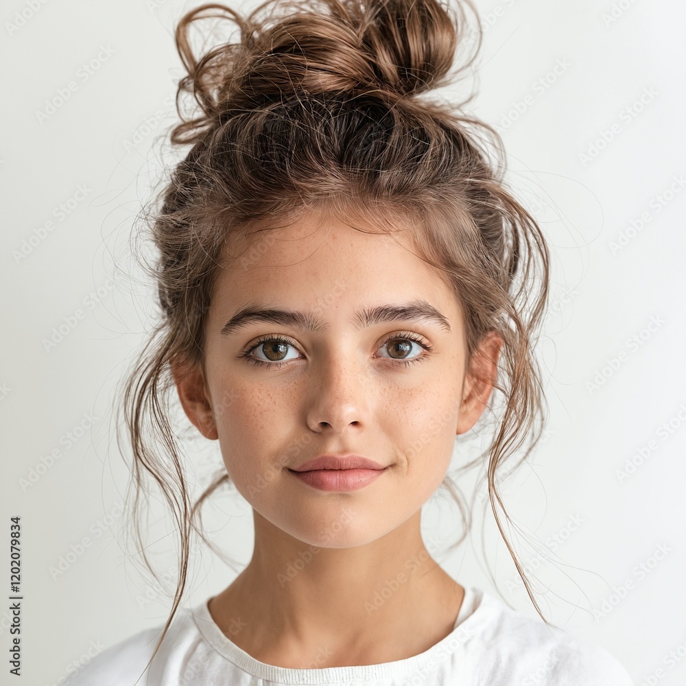 Portrait of a young girl with messy bun hairstyle against neutral background Portrait of a young girl with messy bun hairstyle against neutral background