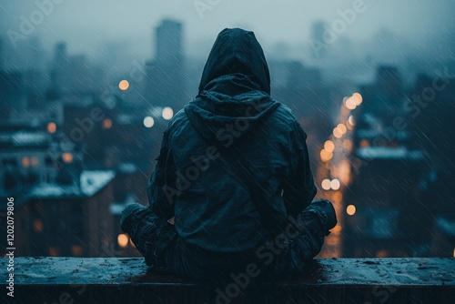 ninja dressed in black tactical gear quietly surveys neon lit cityscape from rooftop night. urban environment enhances sense of stealth and mystery. photo