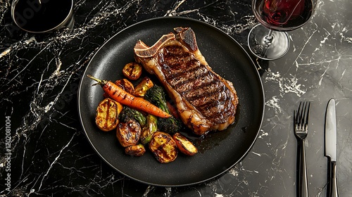 Grilled steak dinner, elegant restaurant, side dishes, wine