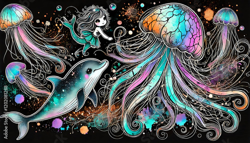 A cute little mermaid and a frisky dolphin amidst fanciful shining jellyfish in an underwater fairy tale world. Illustration for children. photo