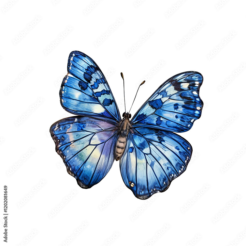 Fototapeta premium Blue Morpho Butterfly: A captivating blue morpho butterfly with iridescent wings, showcasing its intricate patterns and vibrant colors in a close-up view.