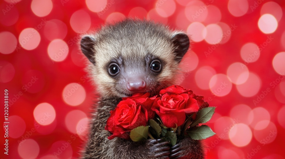 Adorable baby raccoon with red roses on vibrant bokeh background. The 14th of February. Happy Valentine's Day