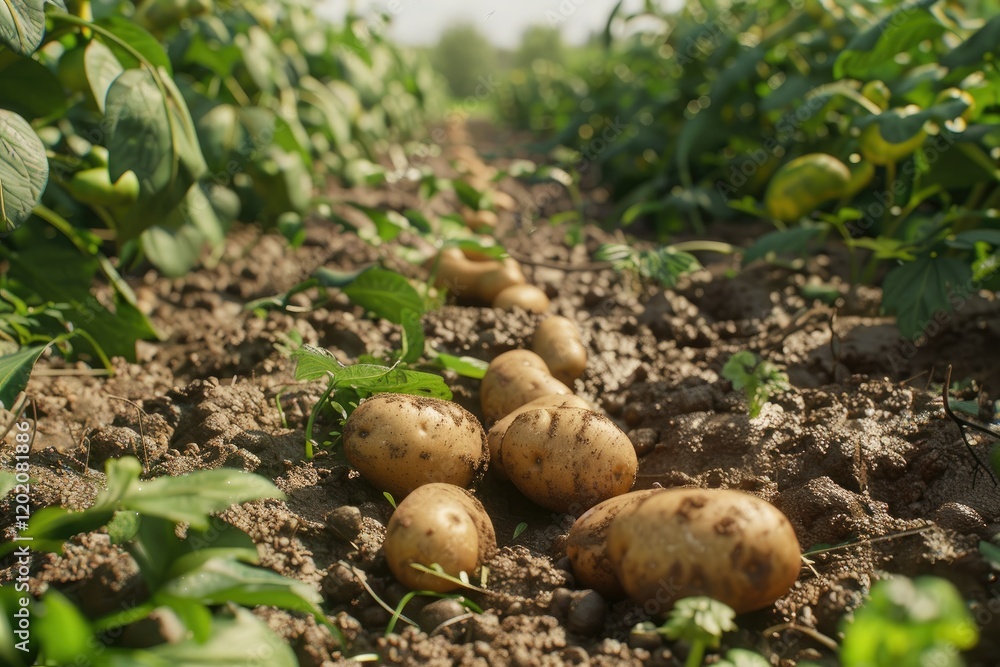 High Quality Visual of Ripe Potatoes on Ground in Plant Field High Quality Visual of Ripe Potatoes on Ground in Plant Field