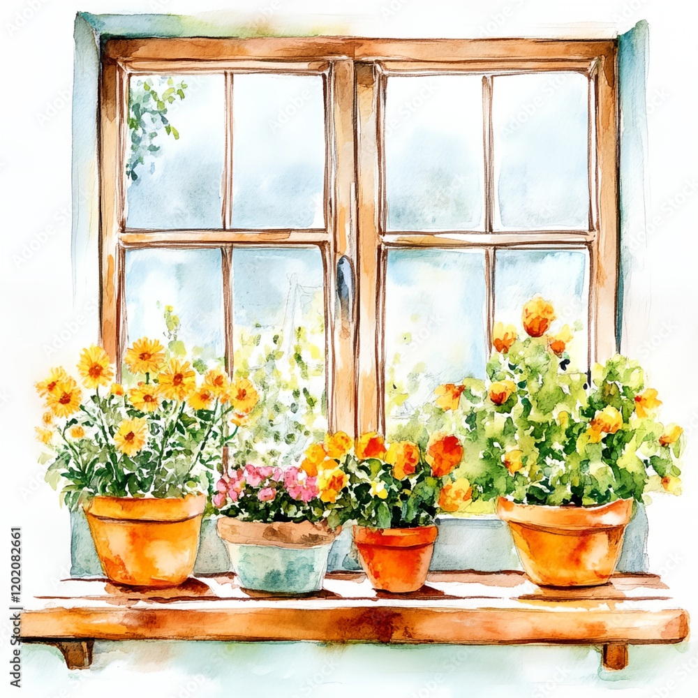 Window sill with a variety of potted plants, including a few yellow flowers Window sill with a variety of potted plants, including a few yellow flowers