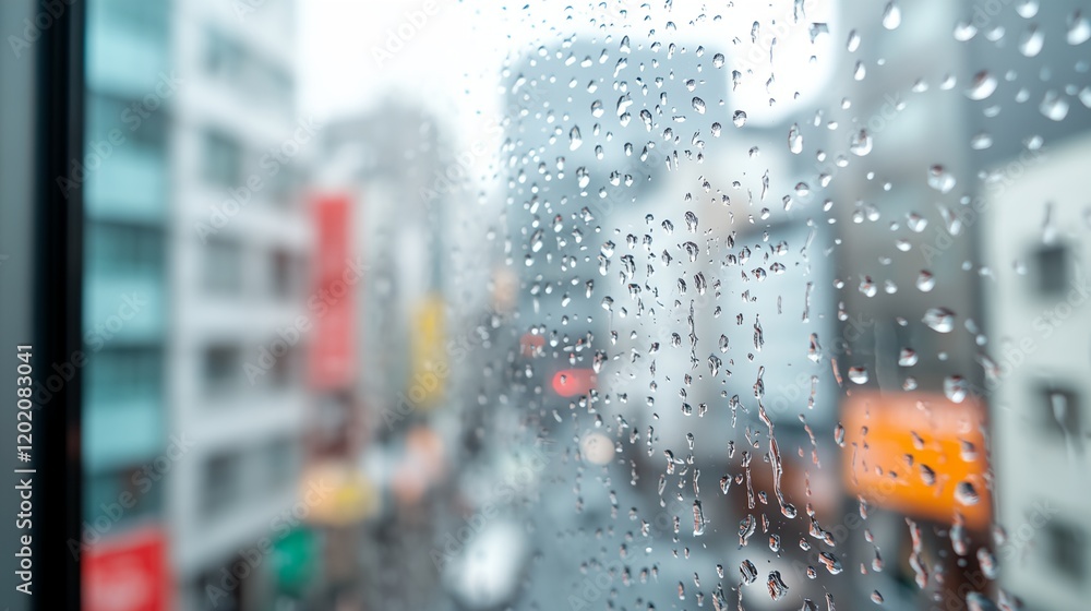 Fototapeta premium Window view of a city with raindrops on the glass