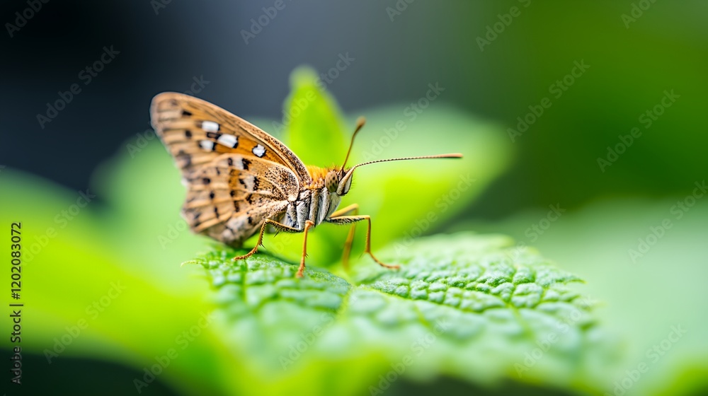 Brown and white butterfly is sitting on a green leaf Brown and white butterfly is sitting on a green leaf