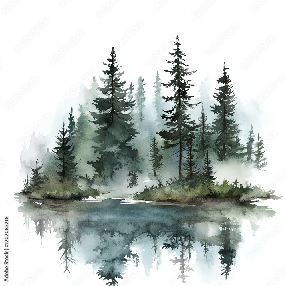 Fototapeta premium Painting of a forest with a lake in the background