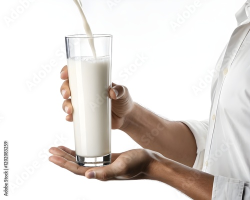 Female hand holds glass of milk isolated on white background with copyspace
 photo