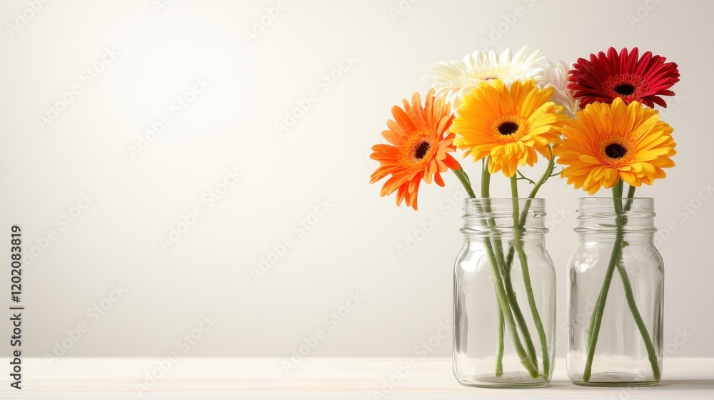 This image features an array of colorful gerbera daisies arranged in glass jars, highlighting their bright petals against a minimalist backdrop. This image features an array of colorful gerbera daisies arranged in glass jars, highlighting their bright petals against a minimalist backdrop.