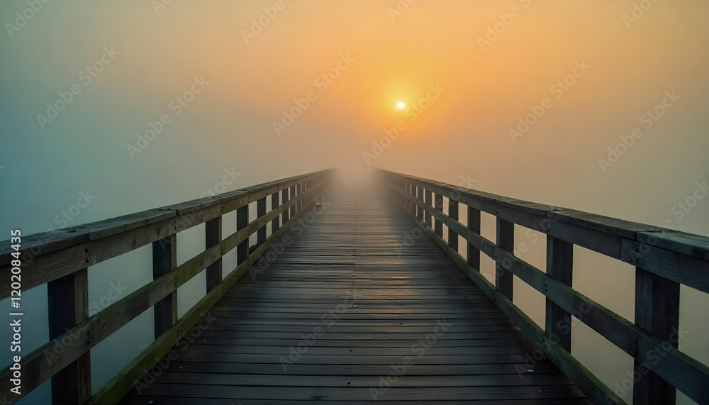 Obraz premium Boardwalks over foggy marshlands or swamps.