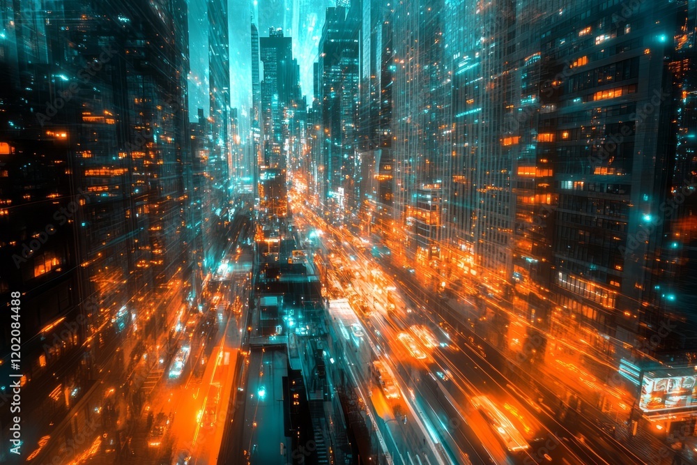 Obraz premium Cityscape at Night Showing Urban Light Trails and Skyscrapers