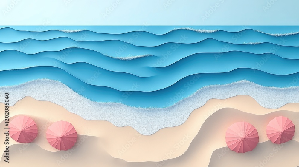 Colorful ocean waves and sandy beach with pink umbrellas in layered art style. Summer, travel concept Colorful ocean waves and sandy beach with pink umbrellas in layered art style. Summer, travel concept