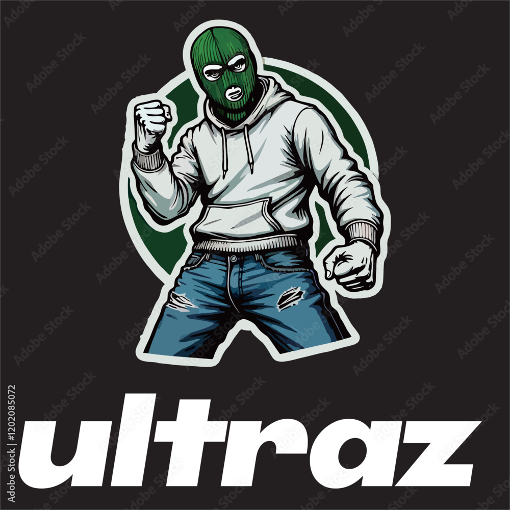 illustration vector graphic of Football fans ultras casual hooligan wear green mask balaclava with football scarf design for logo, t-shirt, etc illustration vector graphic of Football fans ultras casual hooligan wear green mask balaclava with football scarf design for logo, t-shirt, etc