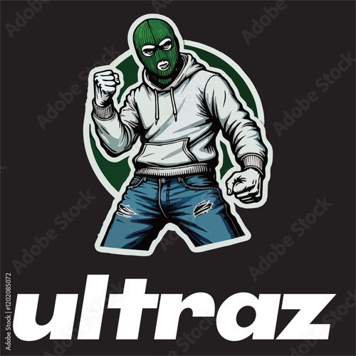 illustration vector graphic of Football fans ultras casual hooligan wear green mask balaclava with football scarf design for logo, t-shirt, etc