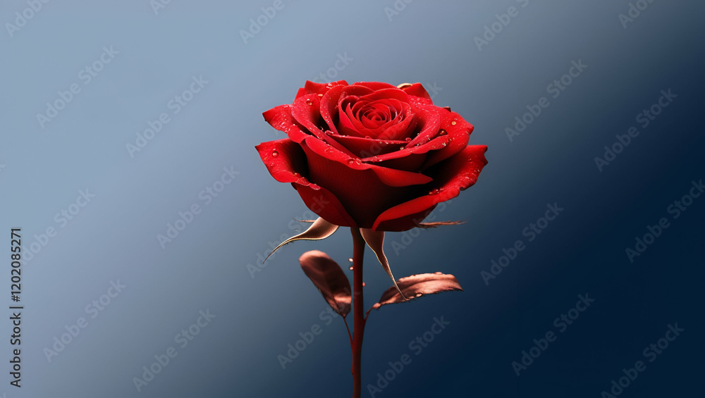 Fototapeta premium red rose with water drops on blue
