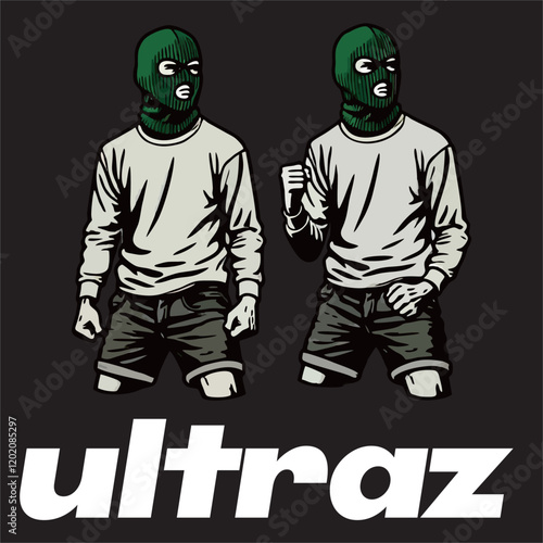 illustration vector graphic of Football fans ultras casual hooligan wear green mask balaclava with football scarf design for logo, t-shirt, etc