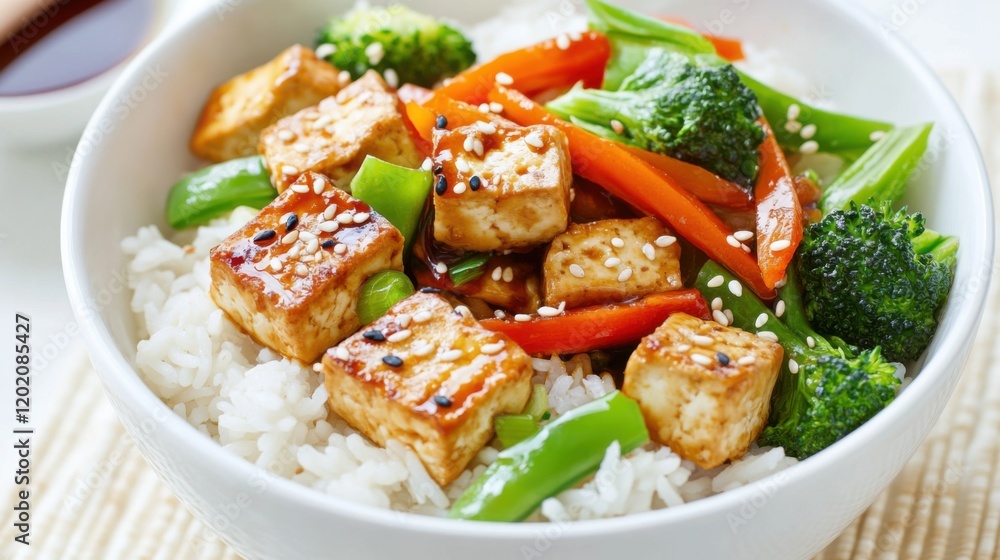 Image of rice and vegetable stir-fry with tofu and soy sauce in a white bowl, emphasizing colorful and nutritious aspects. Ideal for quick meals and healthy eating. Image of rice and vegetable stir-fry with tofu and soy sauce in a white bowl, emphasizing colorful and nutritious aspects. Ideal for quick meals and healthy eating.