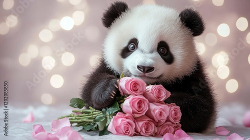 Adorable panda cub holding pink roses with soft bokeh background. The 14th of February. Happy Valentine's Day