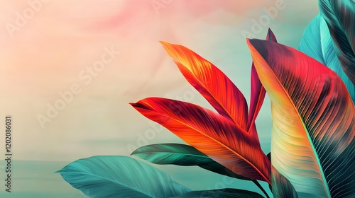 Vivid Tropical Leaves Against a Soft Pastel Background