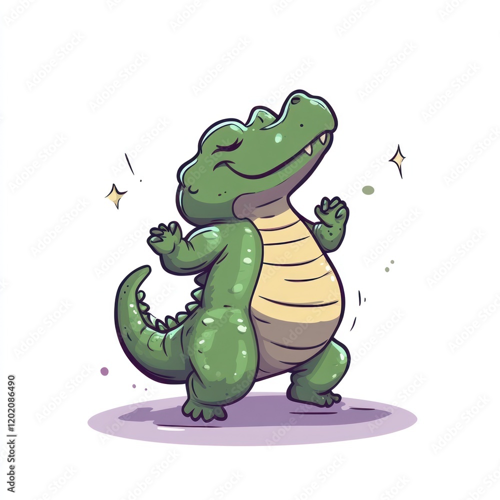 Fototapeta premium Happy cartoon crocodile dancing, white background, children's illustration