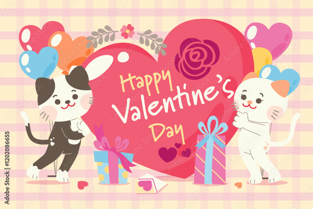 Cute Couple Cat Character Celebrate Valentine's Day Together With Love Sweet Elements Decoration, Greeting Card Cute Couple Cat Character Celebrate Valentine's Day Together With Love Sweet Elements Decoration, Greeting Card