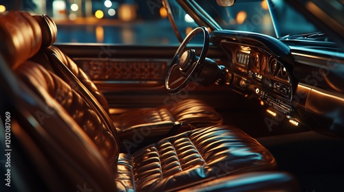 Night, classic car, leather interior, city lights, luxury transport photo