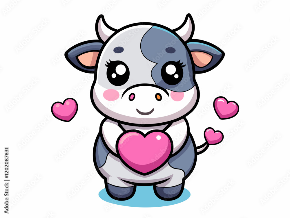 Cute cartoon cow with pink bow and heart in Valentine's Day kawaii style