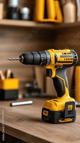 An electric drill rests on a wooden table, with a blurred workbench and tools creating a warm atmosphere in a busy workshop