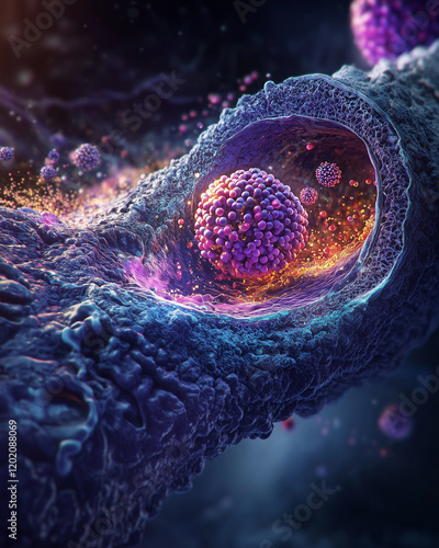 Detailed visual representation showing a digital cross-section of a tumor highlighting cellular structures and activity within photo