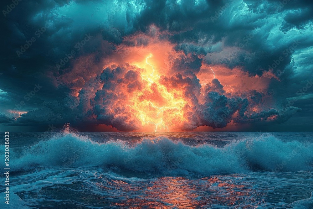 Fototapeta premium dramatic seascape with massive storm clouds illuminated by lightning strikes, turbulent waves beneath threatening sky in panoramic composition