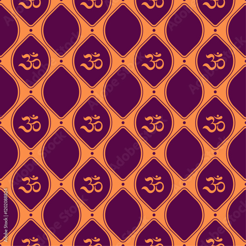 Traditional seamless pattern with Om symbol in purple and orange tones, a repetitive spiritual and decorative design inspired by Indian culture and meditation
