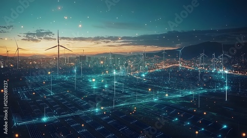 Fototapeta Naklejka Na Ścianę i Meble -  Futuristic satellite network transmitting critical data from an advanced renewable energy station orbiting in the vast expanse of space