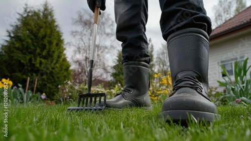 A man in wellington boots uses a garden fork to aerate lush lawn soil in a backyard surrounded by greenery